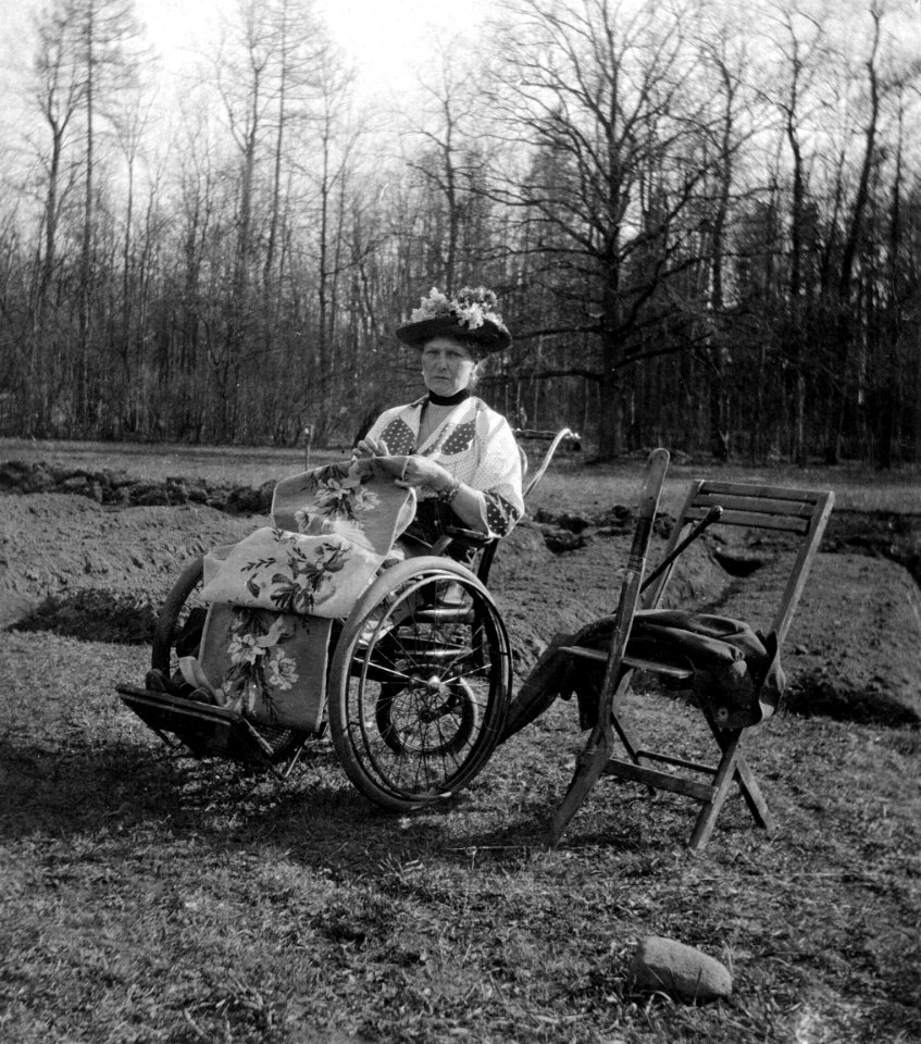 Alexandra Fyodorovna in her wheelchair in captivity at Tsarkoe Selo