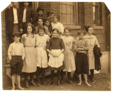 All these are workers in the Cherokee Hosiery Mill, Rome, Ga. Noon, April 10, 1913. The youngest are turners and loopers. Other Hosiery Mills around here employ children of 8 and 9 years. LOC nclc.02783 photo