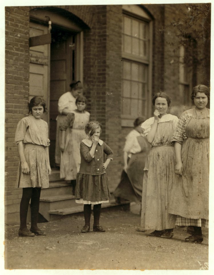 All these are workers in the Cherokee Hosiery Mill, Rome, Ga. Noon, April 10, 1913. The youngest are turners and loopers. Other Hosiery Mills around here employ children of 8 and 9 years. LOC nclc.02784