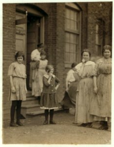 All these are workers in the Cherokee Hosiery Mill, Rome, Ga. Noon, April 10, 1913. The youngest are turners and loopers. Other Hosiery Mills around here employ children of 8 and 9 years. LOC nclc.02784 photo