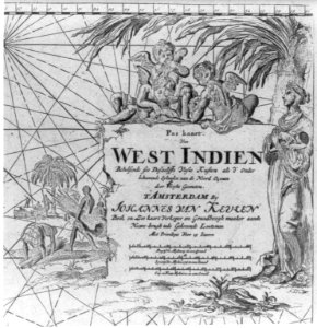 Allegorical cartouche showing West Indians harvesting cane, a Native woman breast feeding an infant, and cherubs LCCN2004673507