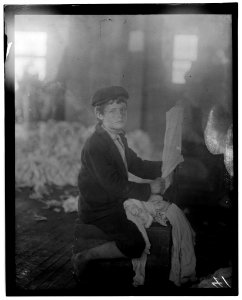 All these are workers in the Cherokee Hosiery Mill, Rome, Ga. Noon, April 10, 1913. The youngest are turners and loopers. Other Hosiery Mills around here employ children of 8 and 9 years. LOC nclc.05340