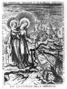 Allegorical scene of Madonna holding Jesus in one arm and holding anchor chain of Spanish galleon in other hand; Chilean city in background LCCN2003655488