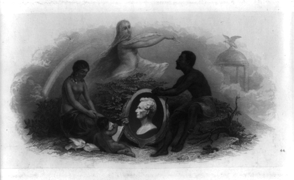 Allegory of Emancipation, shows African American family admiring bust portrait of President Abraham Lincoln as an angel gestures toward a temple of Liberty LCCN2017660126