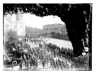 Allenby's official entry with military review at Russian Compound. Men on horses review troops on parade LOC matpc.11529