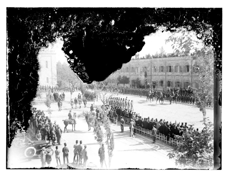 Allenby's official entry with military review at Russian Compound. Men on horses review troops LOC matpc.11525