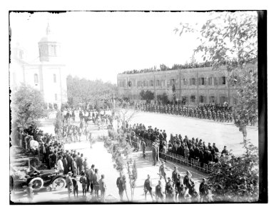 Allenby's official entry with military review at Russian compound. Troops on parade. Car in the procession LOC matpc.11526
