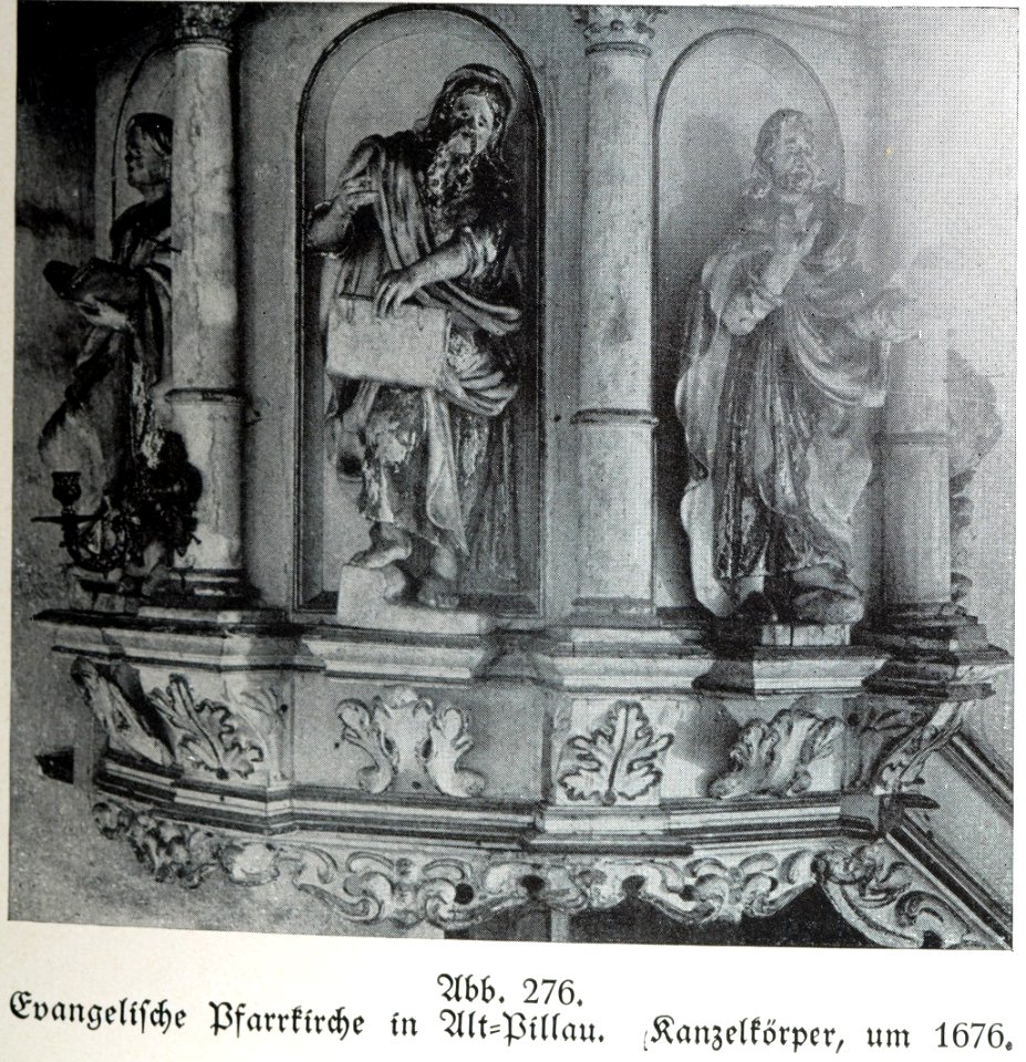 Alt-Pillau, Evangelische Pfarrkirche, Kanzelkörper um 1676, Bildhauer Joh. Pfeffer (zugeschrieben)