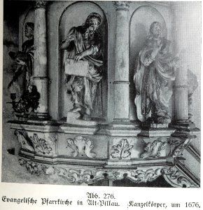 Alt-Pillau, Evangelische Pfarrkirche, Kanzelkörper um 1676, Bildhauer Joh. Pfeffer (zugeschrieben)