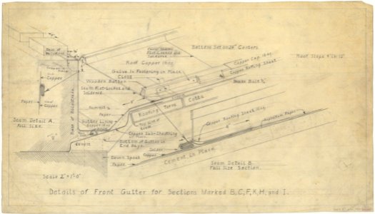 Alterations to the Library of Congress Thomas Jefferson Building (gutters and battens), Washington, D.C. Details of front gutter for sections marked B, C, F, K, H, and I LCCN2009632434