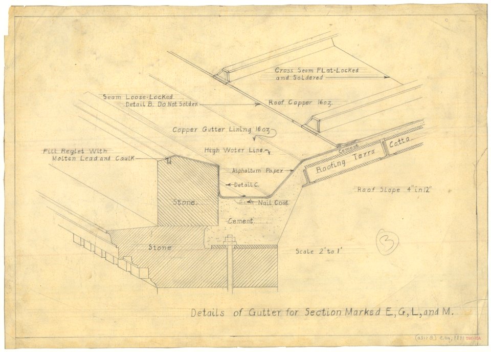 Alterations to the Library of Congress Thomas Jefferson Building (gutters and battens), Washington, D.C. Details of gutter for section marked E, G, L, and M LCCN2009632436