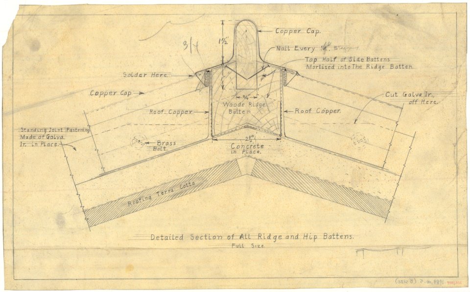 Alterations to the Library of Congress Thomas Jefferson Building (gutters and battens), Washington, D.C. Detailed section of all ridge and hip battens. Full size LCCN2009632438