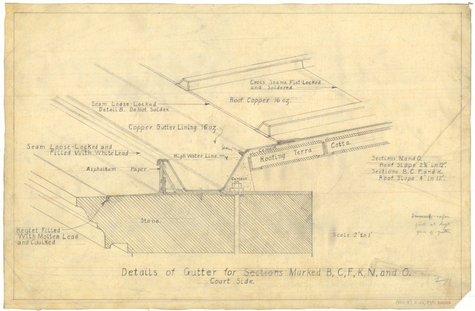 Alterations to the Library of Congress Thomas Jefferson Building (gutters and battens), Washington, D.C. Details of gutter for sections marked B, C, F, K, N, and O. Court side. LCCN2009632435