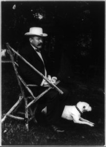 Alton Brooks Parker, 1852-1926, full length portrait, seated in rustic chair, facing right; with dog on lawn; wearing straw hat LCCN2005686642