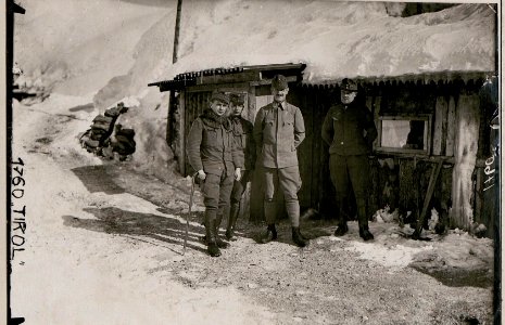 Am Monte .Forno, Gebirgsartillerie-Kommandant vor dem tiefverschneiten Offiziersunterstand (Sieben-Gemeinden). (BildID 15733983)