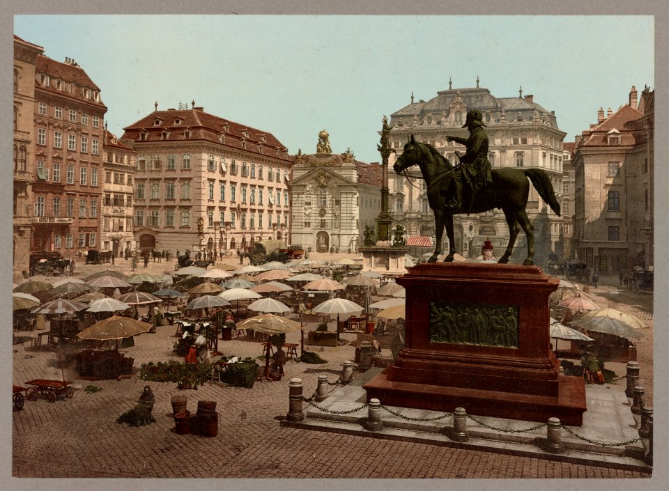 Am Hof, Vienna, Austria, with open air market and equestrian statue in foreground LCCN92522634