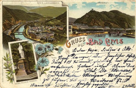 Bad Ems, Rheinland-Pfalz - Stadtansicht Lahnabwärts; Kaiser-Wilhelm-Denkmal; Bäderlei (Zeno Ansichtskarten)