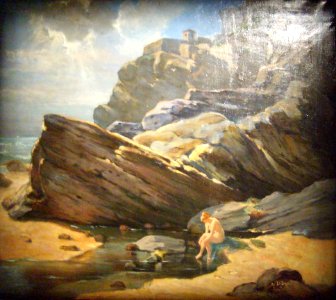 Baigneuse sous les rochers du Grand Fort a Carteret, Lalyre