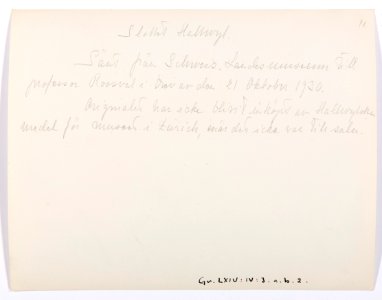 Baksida av kort, sänt från Schweiz landsmuseum till Roosval 1930 - Hallwylska museet - 102249 photo