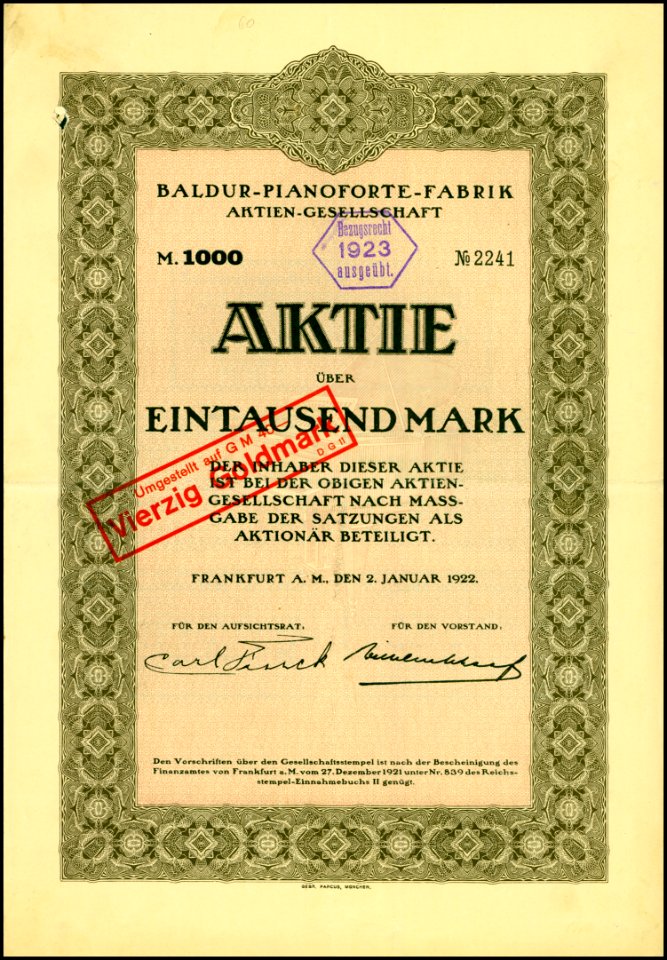 Baldur-Pianoforte-Fabrik 1922 1000 Mk