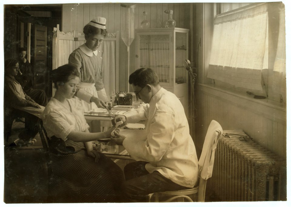 Bandage on injured finger in Hospital. Hood Rubber Co., Cambridge. LOC nclc.05176
