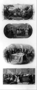 Bank note vignettes showing surrender of Gen. Burgoyne, George Washington resigning his commission, signing of a treaty, funeral of Indian with priest and Spanish soldiers in armor and LCCN88715856