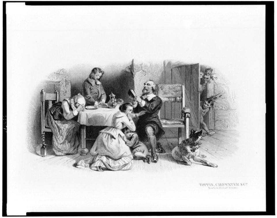 Bank note illustration showing colonists praying for deliverance from imminent Indian attack LCCN95506515