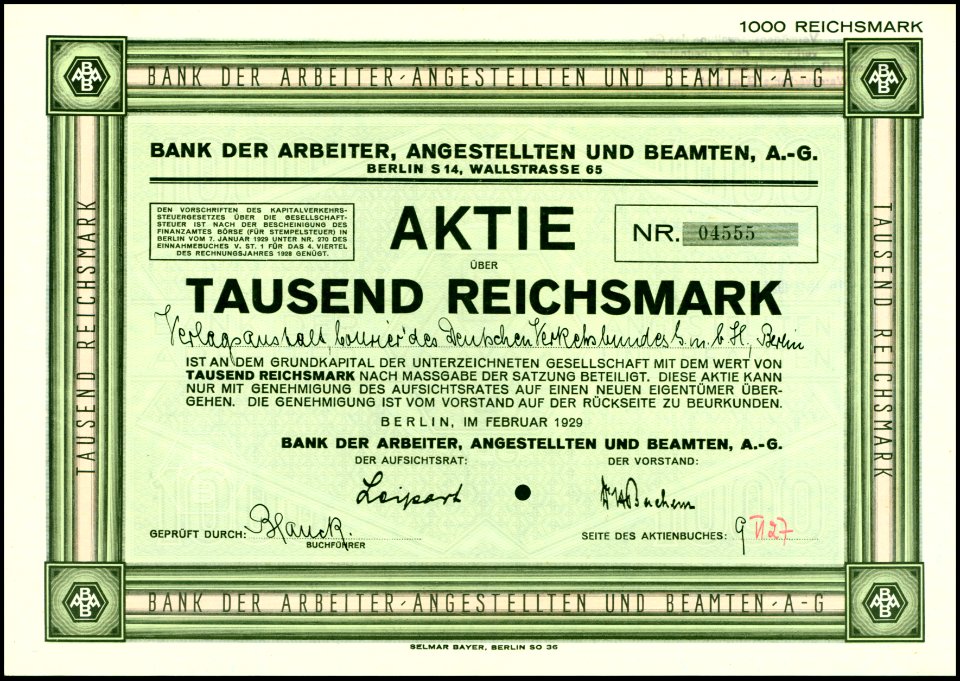 Bank der Arbeiter, Angestellten und Beamten AG 1929