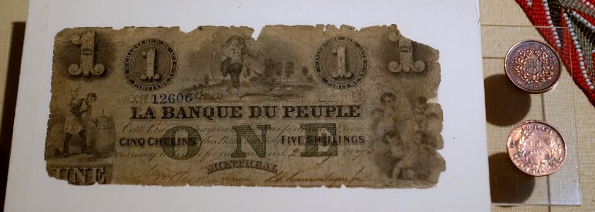 Banque du Peuple banknote and token, 1800s, with Roy token, 1837, paper, copper - Château Ramezay - Montreal, Canada - DSC07525