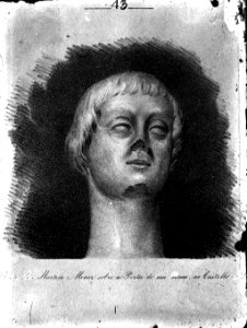 BAR000087 - Castelo de São Jorge. Busto de Martim Moniz sobre a porta de seu nome. Desenho de Sendim, século XIX