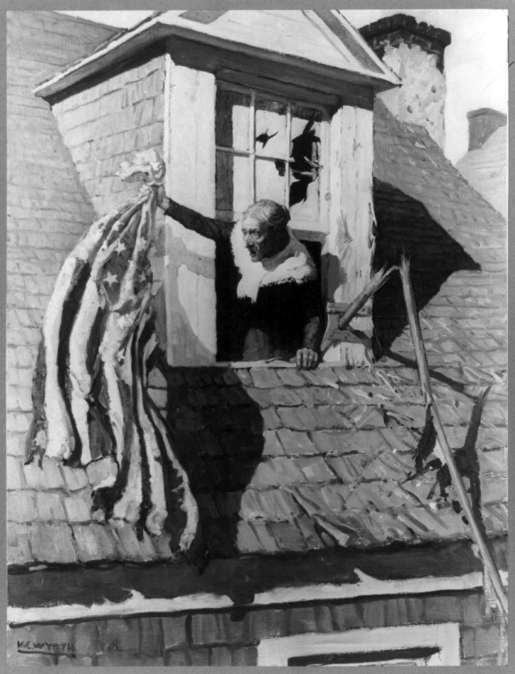 Barbara Fritchie waving tattered U.S. flag from window. Frederick, Md., Sept. 1862 LCCN2005678040