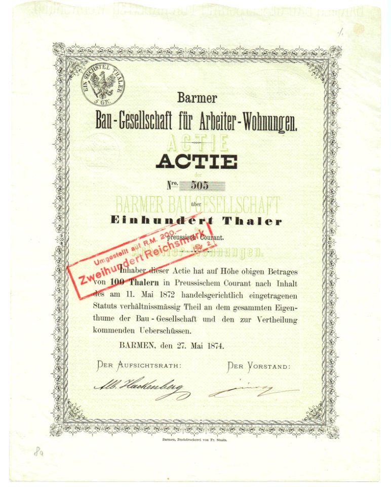 Barmer Bau-Gesellschaft für Arbeiter-Wohnungen 1874