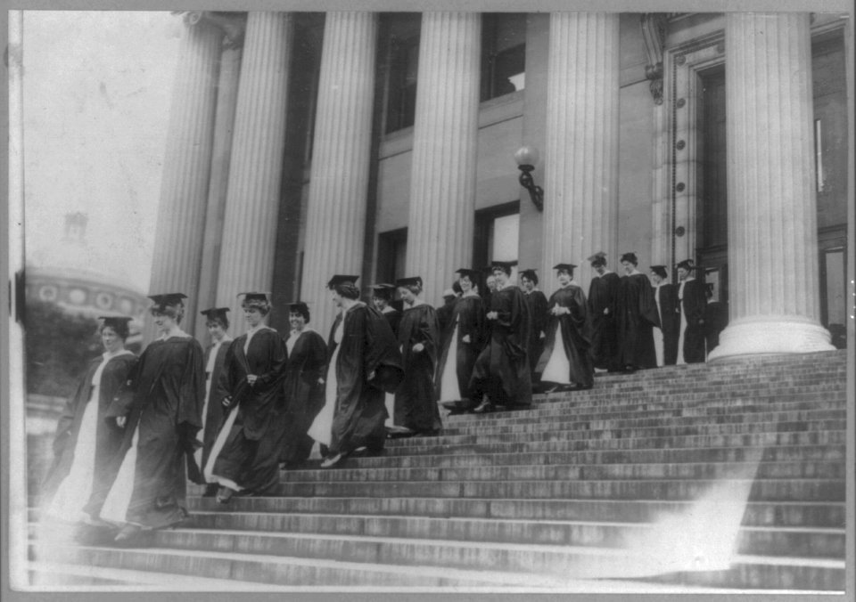 Barnard College- Commencement, June 1915- women walking down exterior steps. LCCN2016650677