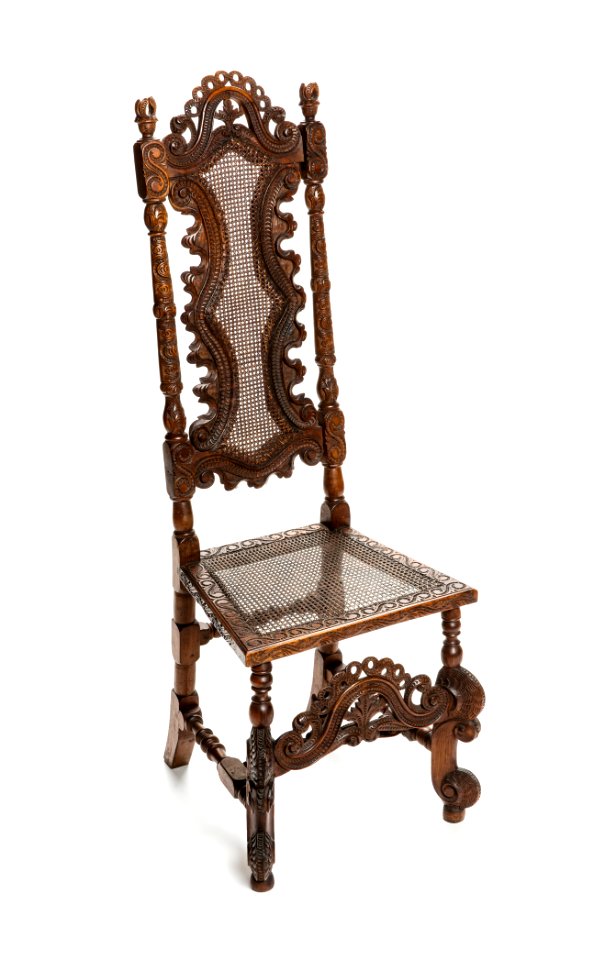 Barockstol, svarvad och snidad med sits och rygg av rottingflätning, 1700 cirka - Hallwylska museet - 108424