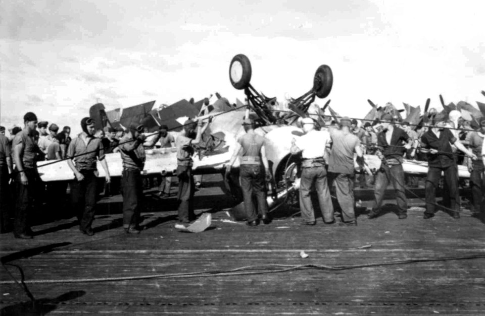 Barrier crash of a General Motors FM-2 Wildcat of VC-66 aboard USS Fanshaw Bay (CVE-70) on 19 September 1944 (80-G-364224)