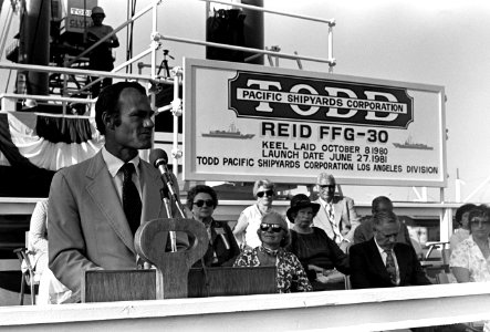 Barry Goldwater Jr. speaks during christening and launching ceremonies for the guided missile frigate USS REID (FFG 30)
