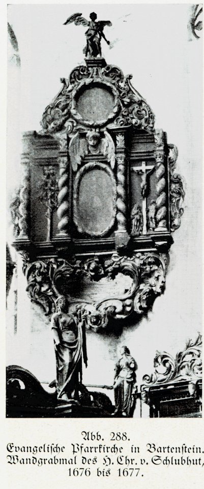 Bartenstein, Evangelische Pfarrkirche, Wandgrabmal des H. Chr. v. Schlubhut, 1676, Bildhauer Joh. Pfeffer (zugeschrieben)