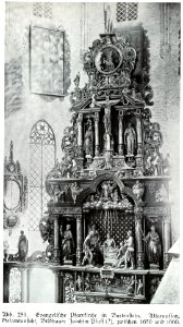 Bartenstein, Evangelische Pfarrkirche, Altaraufsatz, Gesamtansicht, 1650 bis 1660, Bildhauer Joachim Pfaff (zugeschrieben)