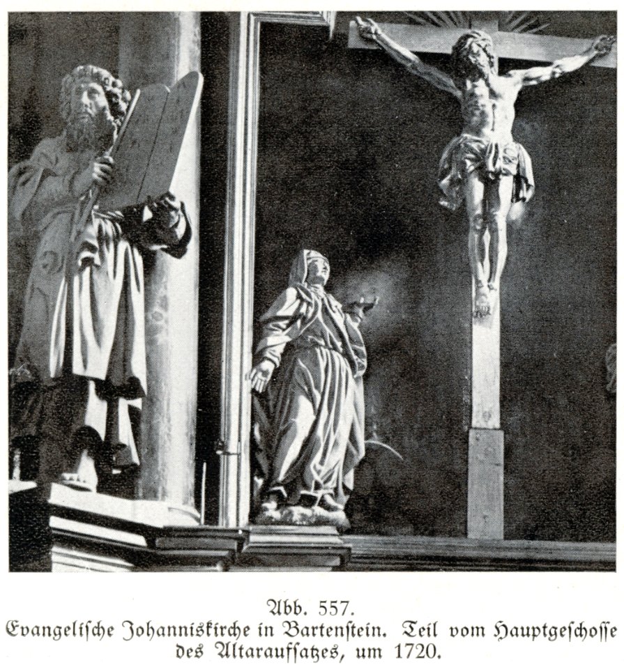 Bartenstein, Johanniskirche, Altaraufsatz, Teil vom Hauptgeschoss, um 1720, Bildhauer Joseph Anton Kraus (zugeschrieben)