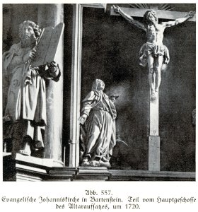 Bartenstein, Johanniskirche, Altaraufsatz, Teil vom Hauptgeschoss, um 1720, Bildhauer Joseph Anton Kraus (zugeschrieben)