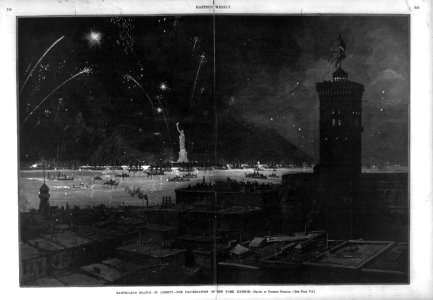 Bartholdi's Statue of Liberty - the illumination of New York Harbor (Bird's-eye view of the statue, harbor and fireworks) LCCN99614266