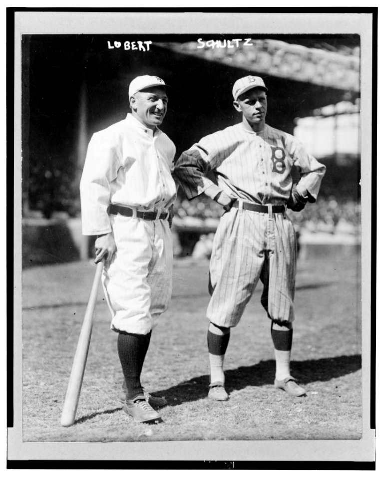 Baseball players Hans Lobert of the New York Giants (left) and Joe Schultz, Sr. of the Brooklyn Dodgers (right), full-length, standing LCCN2004666454