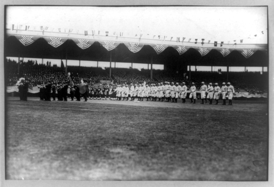 Baseball, opening day showing Brooklyn team and band on stadium field LCCN90706257