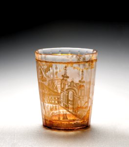 14. Číška s pohledem na františkánský klášter v Hejnicích, kolem r. 1730, Uměleckoprůmyslové muzeum v Praze