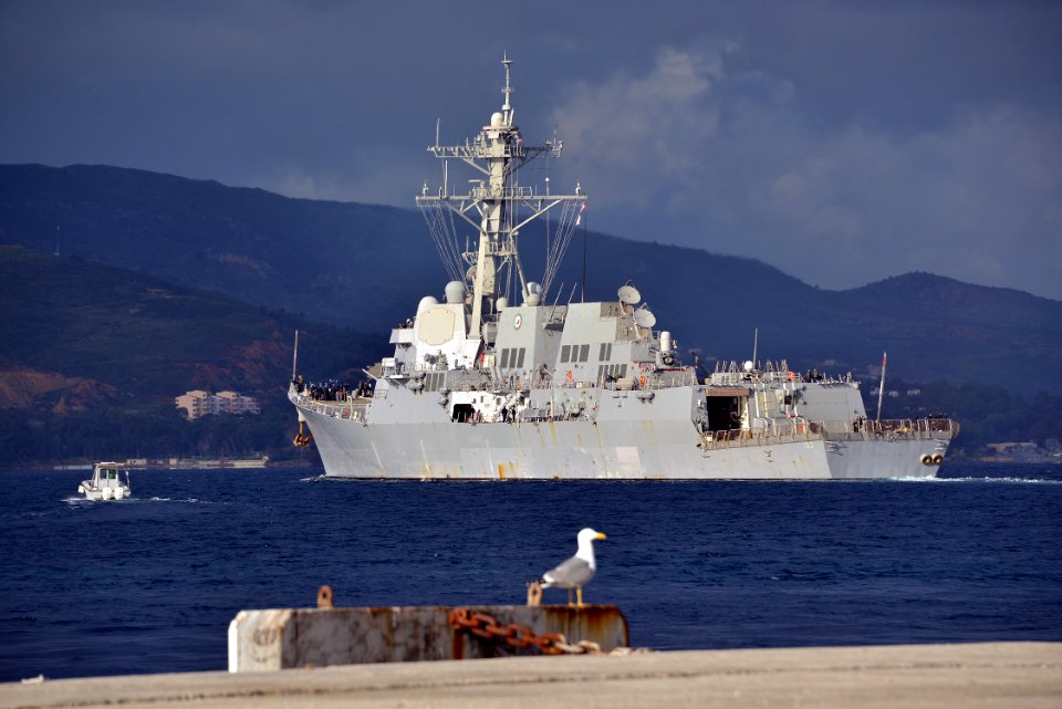 140306-N-MO201-151 he guided-missile destroyer USS Truxtun (DDG 103) departs the Marathi NATO pier facility March 6 2014