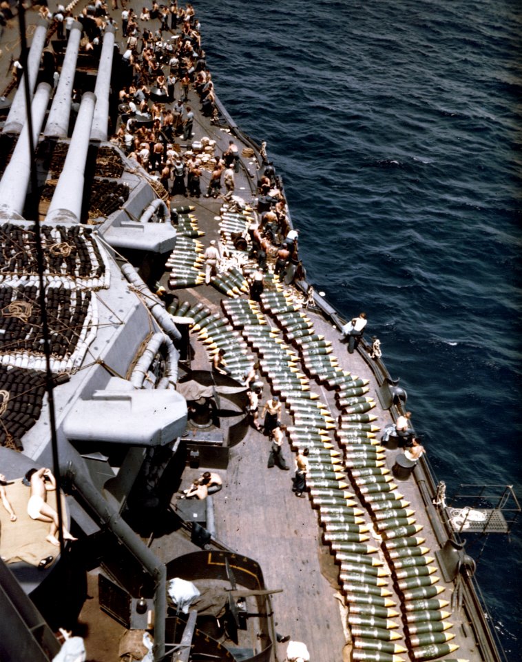 14in shells on deck of USS New Mexico (BB-40) in 1944