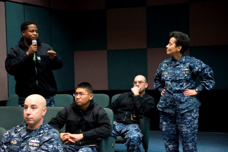 170104-N-OX801-041 - PO1 Dustin Jack asks question to ADM Michelle Howard, USN