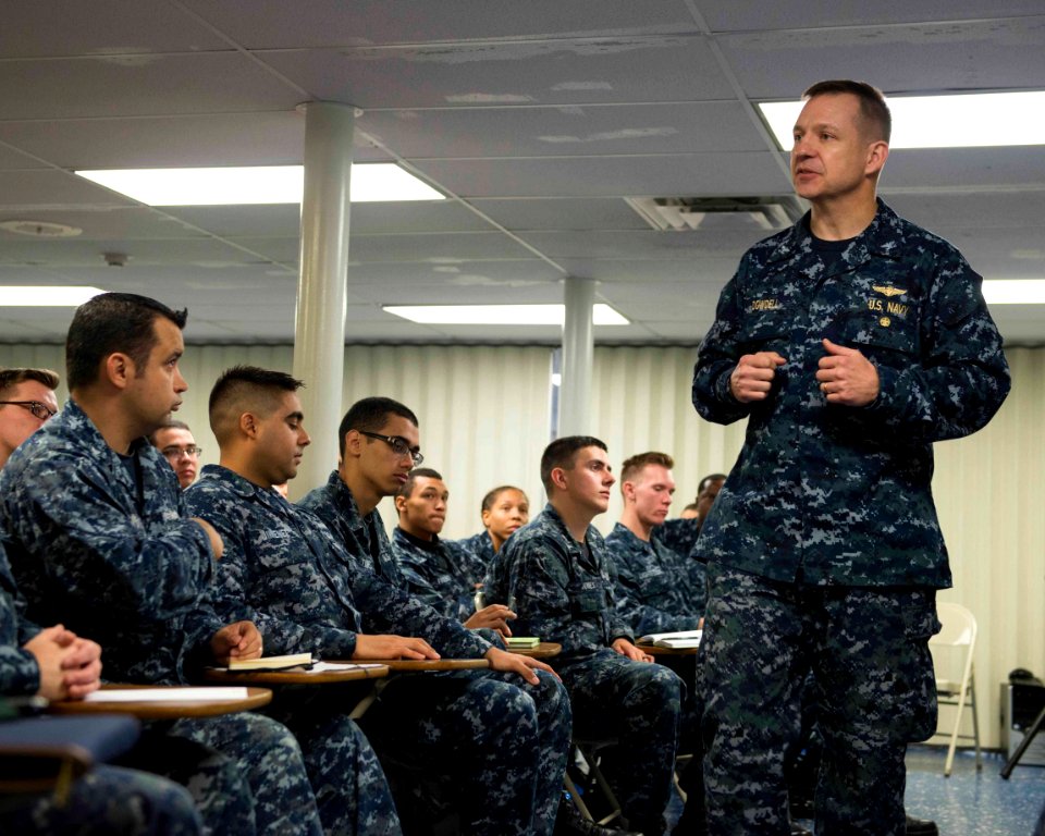 170123-N-GZ228-011 - CAPT Ryan Dowdell speaks to U.S. Navy sailors in San Diego County, California