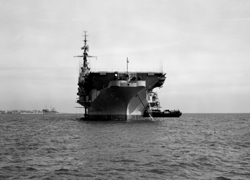 USS Coral Sea (CVB-43) at anchor being resupplied Febuary 24th 1949. (49338688343)