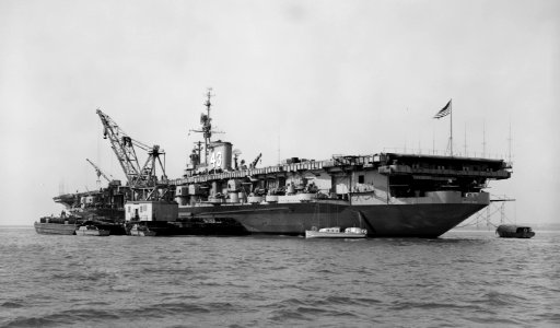 USS Coral Sea (CVB-43) at anchor being resupplied in February 24th 1949. (49339366727)